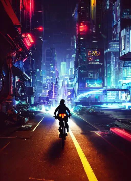 Prompt: an atmospheric lighting illustration of the back of a biker in the foreground centered while riding in a futuristic cyberpunk city at night in neon lights by john alvin render octane cyberpunk glowing particles