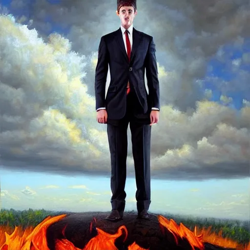 Image similar to a hyper realistic painting of a calm young man in a burning business suit, his clothes is burning, full body painting, long shot, coherent symmetrical eyes, by jeffrey smith, by andrea kowch, by steve henderson, masterpiece, trending on artstation,