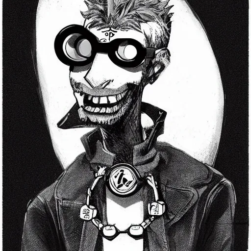 Image similar to a goth nerd guy wearing goggles and eccentric jewelry by jamie hewlett :: full body character concept art, full body, detailed