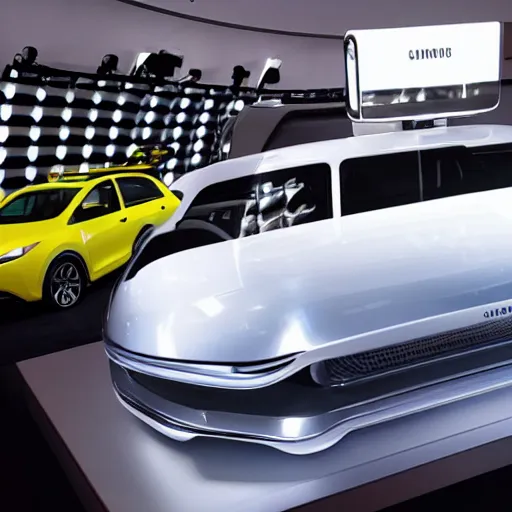 Prompt: Apple Car and Samsung Car next to each other on display