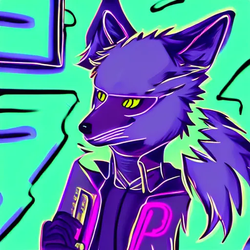 Image similar to beautiful furry digital art portrait of an androgynous furry anthro wolf fursona both wearing punk clothes in the streets of a cyberpunk city. neon signs.