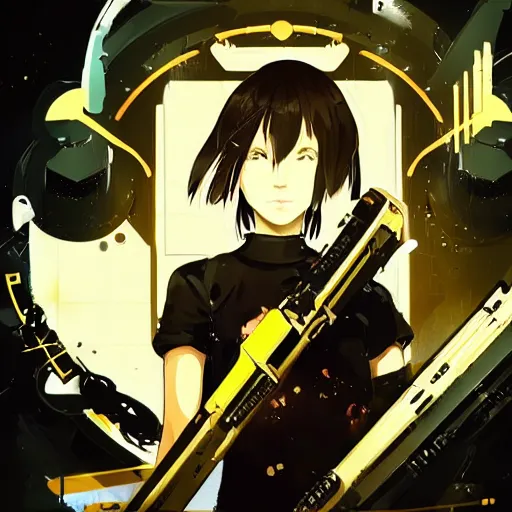Image similar to Frequency indie album cover, luxury advertisement, golden filter, golden and black colors. A clean and detailed post-cyberpunk sci-fi close-up schoolgirl, she is very powerful, in asian city in style of cytus and deemo, mysterious vibes, by Tsutomu Nihei, by Ilya Kuvshinov, by Greg Tocchini, nier:automata, Yorda from Ico and Lain Iwakura, set in half-life 2, beautiful with eerie vibes, very inspirational, very stylish, with gradients, surrealistic, dystopia, postapocalyptic vibes, depth of field, mist, rich cinematic atmosphere, perfect digital art, mystical journey in strange world, beautiful dramatic dark moody tones and studio lighting, shadows, bastion game, arthouse