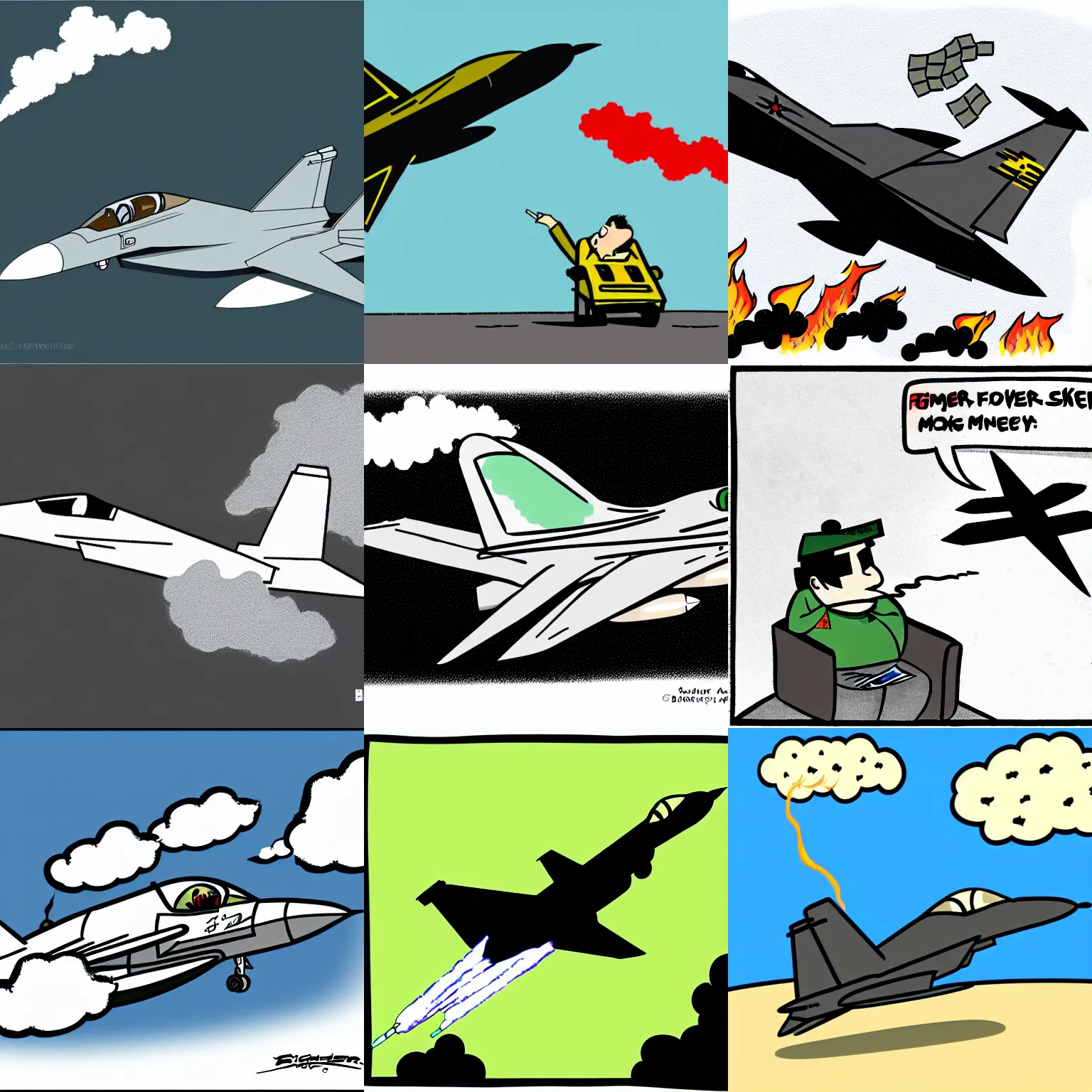 Prompt: fighter jet in flight, smoke money falling from the engine,b&a, cartoon,slapstick, illustration