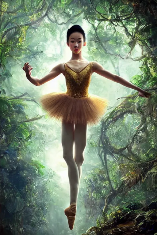 Image similar to stunningly beautiful, asian prima ballerina in jungle, symmetrical face, golden hour, smooth, focus, highly detailed, hyper realistic, dramatic lighting, elegant, intricate, concept art, art by wlop, mars ravelo, greg rutowski