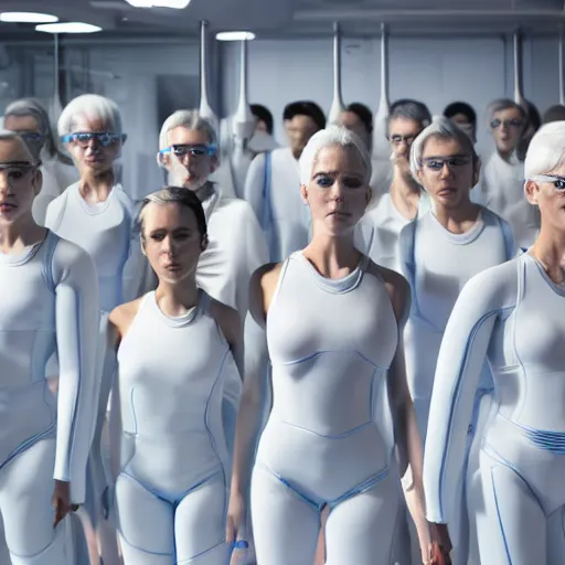 Image similar to troop of females of varying heights and body shapes in formation, white hair, tight light blue neopren suits, in rows, futuristic chemistry lab, sci - fi, highly detailed, cinematic