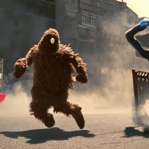 Image similar to cinematic shot, the cookie monster is rambo, explosions in the background