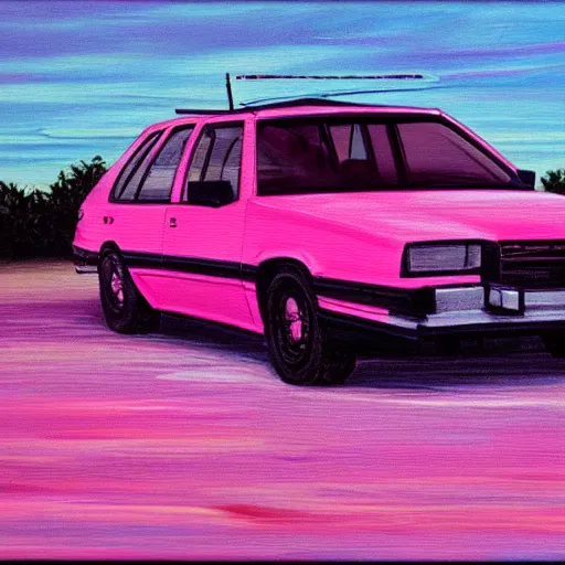 Prompt: an old 1 9 8 0 s car parked off the road, sunset, ocean in distance, pink, oil painting, pale colors, high detail, 8 k, wide angle, trending on artstation,