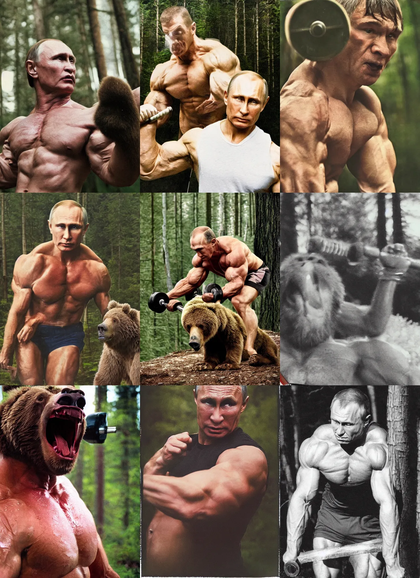 Prompt: medium close up shot, very muscular angry vladimir putin pumping iron with oversized grizzly bear, in woods, polaroid color photo, vintage, neutral colors, by gregory crewdson