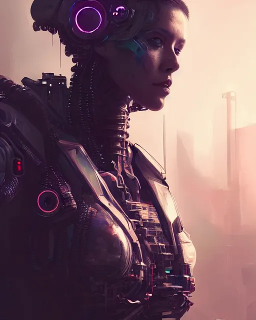 Image similar to portrait of a cyberpunk cyborg. sci - fi, intricate abstract upper body intricate, wlop, concept art, octane render, deviantart, greg rutkowski, cinematic, key art, hyperrealism,