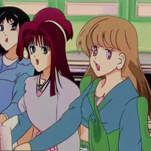 Prompt: movie still of 1990s anime mean girls