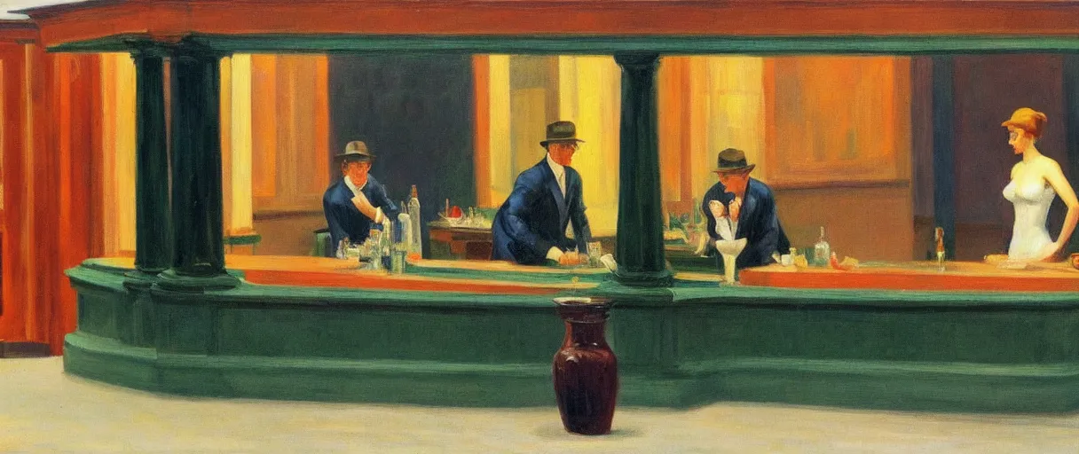 Image similar to three cups only do i propose for sensible men. one for health, the second for love and pleasure, the third for sleep ; when these have been drunk up, wise guests make for home, in the style of a beautiful edward hopper painting