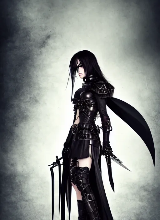 Prompt: full portrait, female vampire knight in black heavy armor, metal mask, gladiator sandals, barefoot, little skin shown, enchanting, mysterious, elegant, realistic proportions, ghostblade, wlop, good lighting, reasonable fantasy