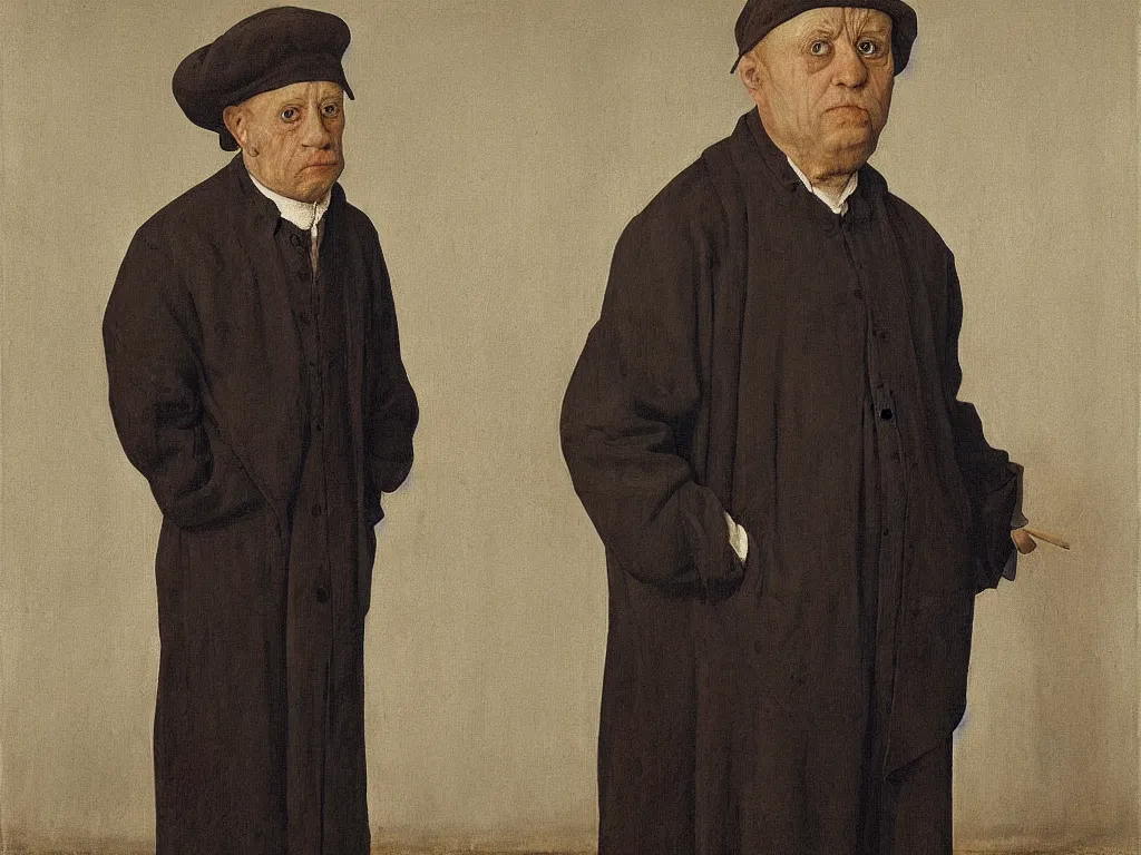 Prompt: portrait of a middle aged blind man. 21 th century clothes. Painting by Jan van Eyck, August Sander.