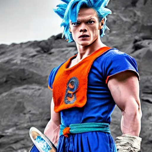 Image similar to Still of Sam heughan as Goku in Dragon ball live action movie powerful epic light blue and Orange