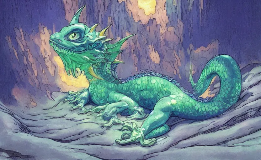 Prompt: the friendly dragon slime awoke from its slumber beneath the bed frame, digital painting masterpiece, haunting beautiful brush strokes, painted by Moebius and Hayao Miyazaki and Akira Toriyama