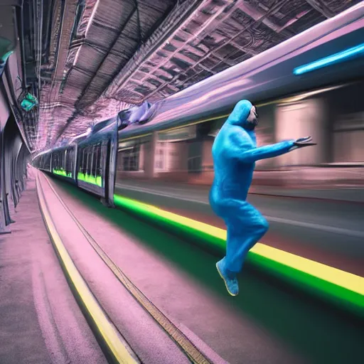 Prompt: man in green screen suit running away from a blue train, highly detailed, 4k, green neon lighting