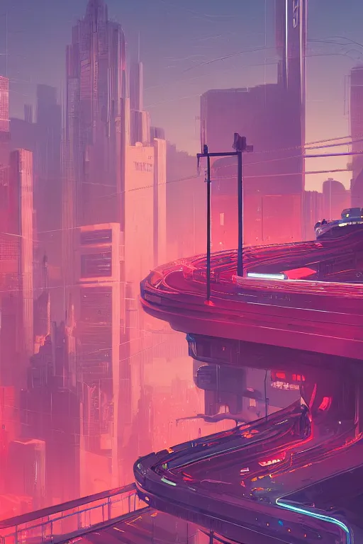 Image similar to a man standing on top of a bridge over a city, cyberpunk art by james gilleard, cgsociety, retrofuturism, synthwave, cityscape, 2 d game art