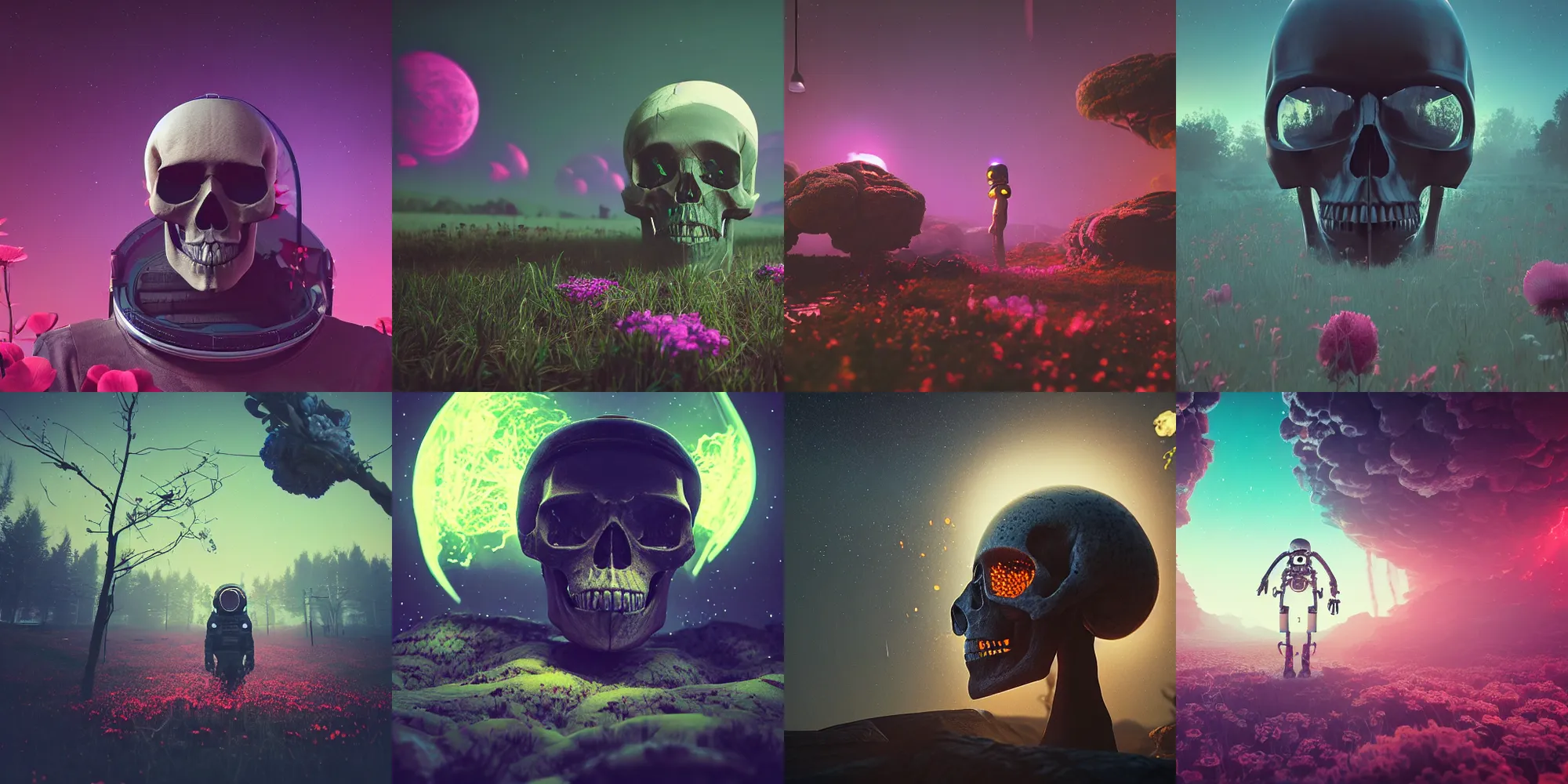 Prompt: beautiful dark landscape, astronaut skull head, beautiful flowers growing, in the style of beeple and mike winkelmann, intricate, epic lighting, cinematic composition, hyper realistic, 8 k resolution, unreal engine 5, raytracing, reflections, ultraviolet colors,
