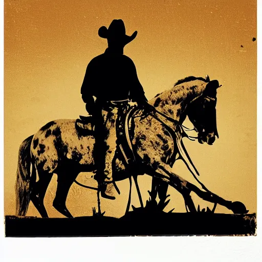 Prompt: transparent siluette of a cowboy outlaw sitting on a horse. serigraph. screen - printed on top of a photograph. sun - bleached highlights. sanded surface in soft colors