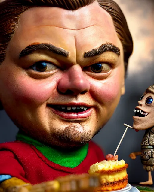 Image similar to highly detailed closeup, face profile portrait of a tin toy leonardo dicaprio as a medieval goblin eating cakes in a castle, hyper realistic, artstation, illustration, nicoletta ceccoli, mark ryden, lostfish, dan decarlo, bob clampett, max fleischer, digital paint, matte paint, vivid colors, detailed and intricate environment