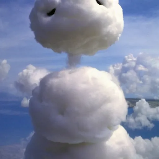 Prompt: fluffy clouds looking like stay puft marshmellow man