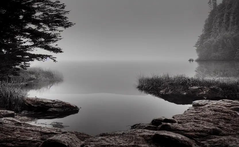 Image similar to extreme low angle camera lens partially submerged in water showing the surface of a lake with a rocky lake shore in the foreground, scene from a film directed by charlie kaufman ( 2 0 0 1 ), foggy volumetric light morning, extremely moody, cinematic trending on artstation in the style of greg rutkowski, shot on anamorphic lenses