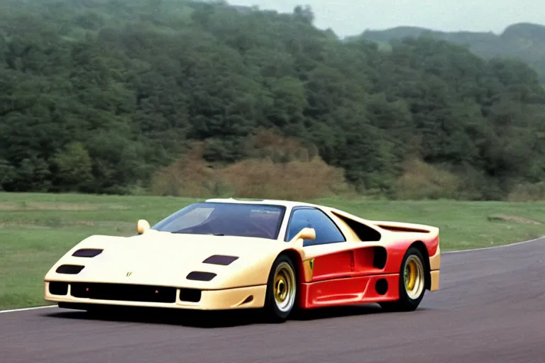 Image similar to vintage archival race footage of a single 1995 Ferrari F40, with elements of the De Tomaso Pantera, Lotus, GT40, BMW M1, and Countach, movie still, speed, cinematic Panavision 5384 film