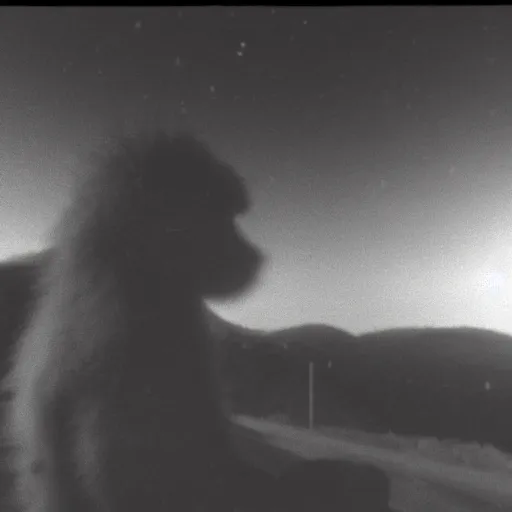 Prompt: footage of a sasquatch caught on a wildcamera, black and white, blurry footage, wild camera, night