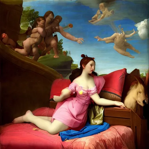 Image similar to renaissance painting of D.Va (overwatch) sitting on her bed