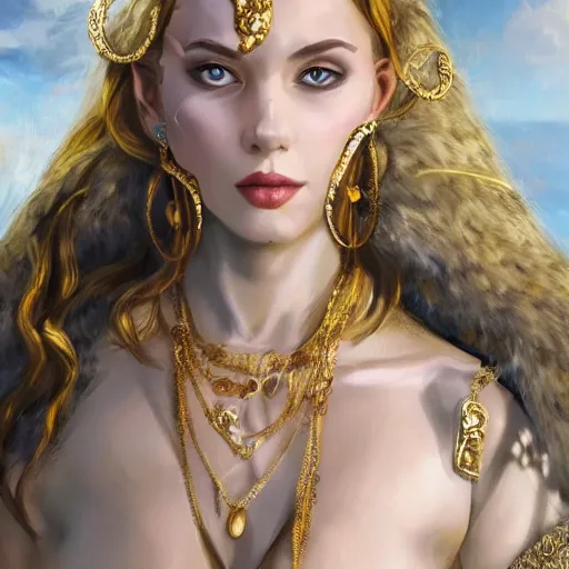 Image similar to portrait of a white human panter with a very long fur and gold jewelry, fantasy, trending on artstation, heroic pose, illustration, highly detailed, simple, 8k