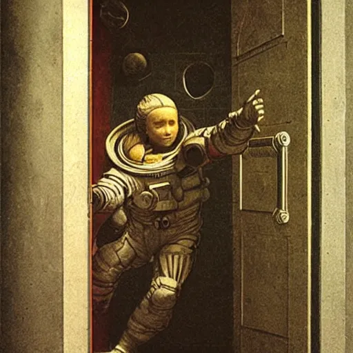 Prompt: photo - realism, space astronaut opening door that shows space and time created by leonardo davinci with extra detail, epic, spiral, perfection, zero.