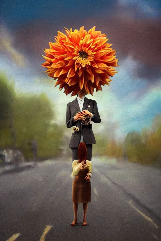 Prompt: giant dahlia flower head, frontal, girl in a suit, standing in street, surreal photography, sunrise, dramatic light, impressionist painting, digital painting, artstation, simon stalenhag