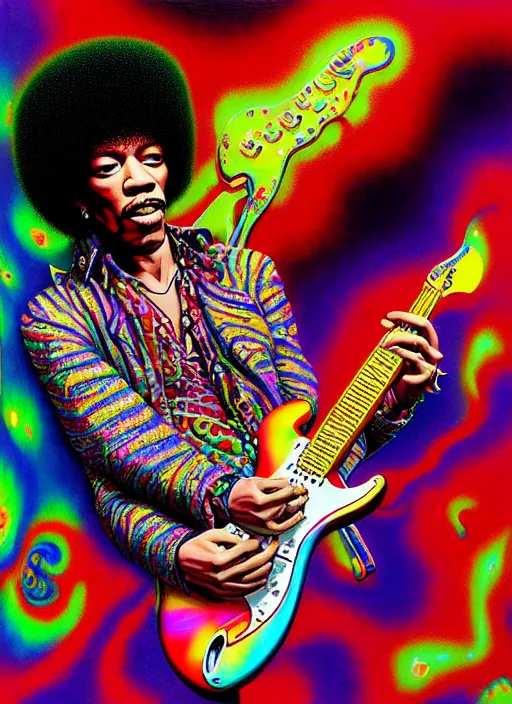 Image similar to hyper detailed 3d render like a Oil painting - Jimi Hendrix aerochrome and milky Fruit playing a white left-handed stratocaster guitar with his teeth, iridescent paisley patterns by Jacek Yerka, Ilya Kuvshinov, Mariusz Lewandowski, Houdini algorithmic generative render, Abstract brush strokes, Masterpiece, Edward Hopper and James Gilleard, Zdzislaw Beksinski, Mark Ryden, Wolfgang Lettl, hints of Yayoi Kasuma, octane render, 8k