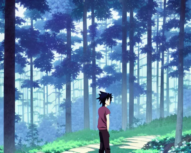 Image similar to sasuke uchiha, forest in background, bokeh. anime masterpiece by Studio Ghibli. illustration, sharp high-quality anime illustration in style of Ghibli, Ilya Kuvshinov, Artgerm