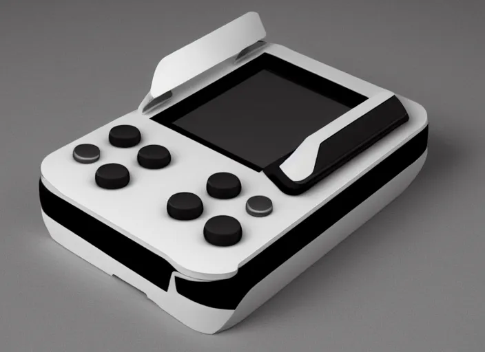 Image similar to retro futurist design of a new handheld console by nintendo, white, aluminium, wood