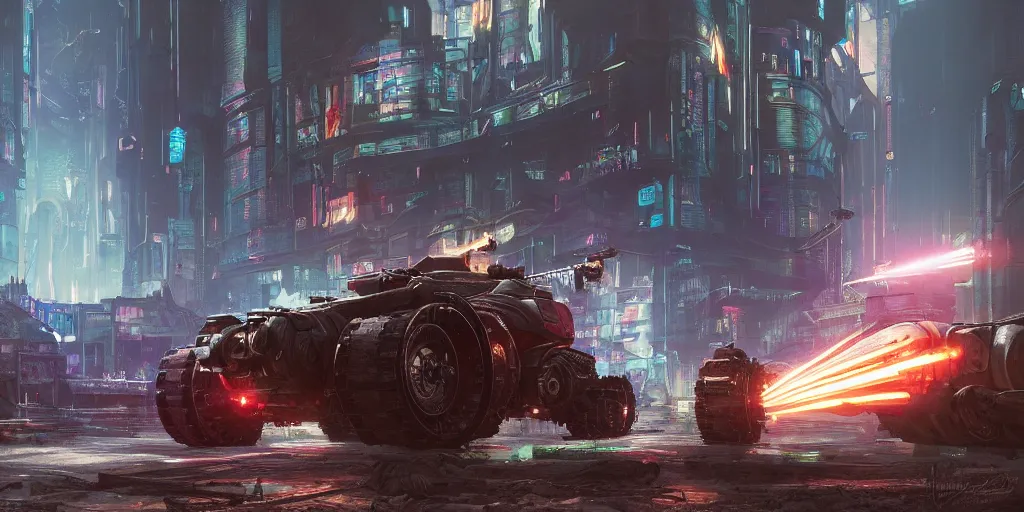 Prompt: full shot portrait of medieval - cyberpunk - battletank with giant laserturret and wheels fireing the laser harp, cyberpunk 2 0 8 8, szene of cyberpunk gothic city background, elegant, digital illustration, detailed, intricate, sharp focus, digital painting, deep focus, artstation, matte, art by artgerm and greg rutkowski and alphonse mucha