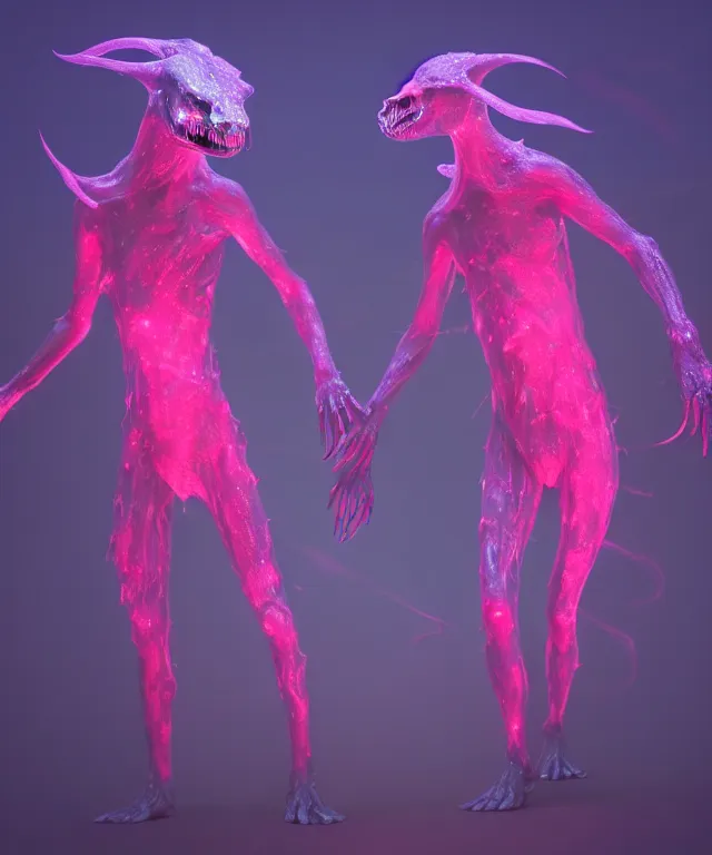 Prompt: twin creatures made of bioluminescence slimy skin, fantasy, elegant, crisp 8 k line art, digital painting, artstation, unreal engine, octane render, emissive lighting, concept art, matte, sharp focus, hyper realistic lighting, illustration, deep royal blue and pink color scheme, art by dave kendall