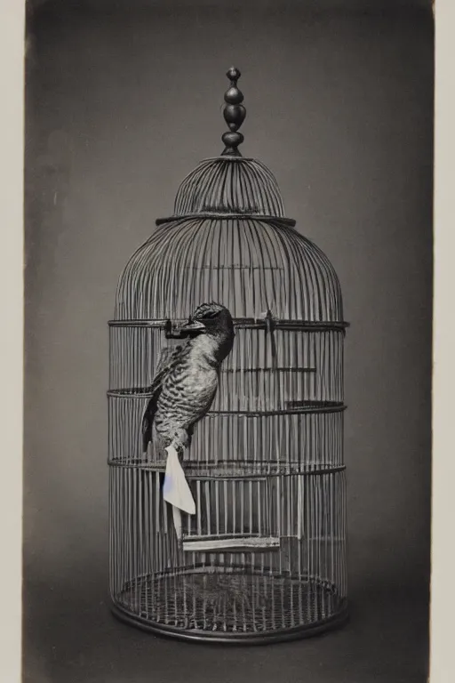 Prompt: ultra realistic vintage photo portrait of a man with a birdcage through his body, by Irving Penn, a birdcage instead of the chest