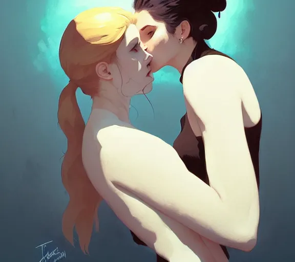 Prompt: portrait of angel kissing buffy by atey ghailan, by greg rutkowski, by greg tocchini, by james gilleard, by joe fenton, by kaethe butcher, dynamic lighting, gradient light blue, brown, blonde cream and white color scheme, grunge aesthetic