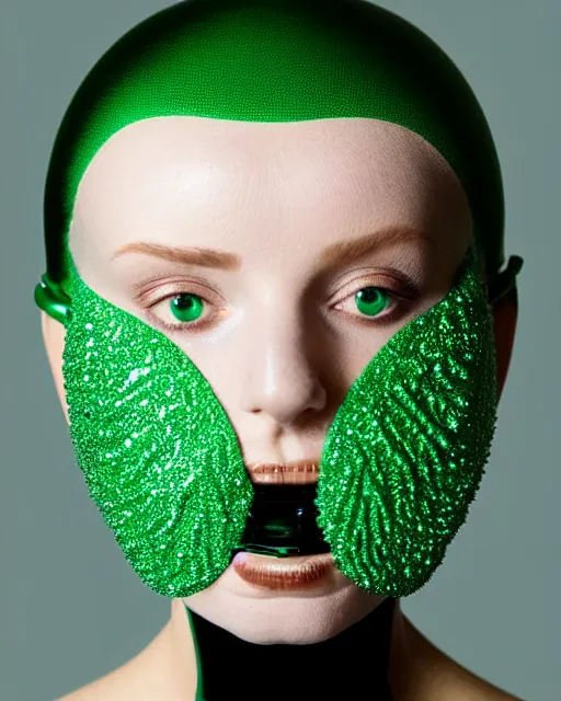 Image similar to symmetrical close - up portrait of a woman wearing a emerald green silicone beauty mask and hair buns, wearing a black bodysuit by alexander mcqueen, cream white background, soft light, biotechnology, humanoide robot, bjork aesthetic, translucent, by rineke dijkstra, masterpiece,