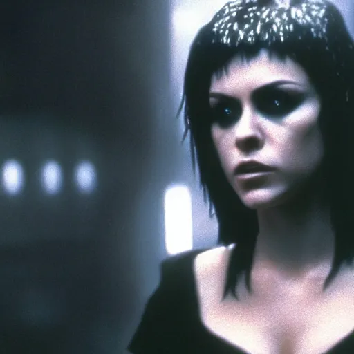 Image similar to a film portrait still of joan jett in blade runner, gritty cyberpunk atmosphere. realism, cinematic lighting, beautiful gothic fantasy photorealistic, 4 k. 8 mm. grainy. panavision.