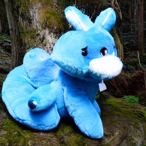 Prompt: blue'snappy gifts'plush, mascot, in magical forest, gifts, dark atmosphere, high detail, soft lighting, 8 k