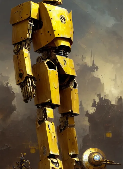 Image similar to human-sized strong intricate yellow pit droid carrying very detailed perfect antique great sword and beautiful large paladin shield, pancake short large head, exposed metal bones, painterly humanoid mecha, epic glorious, by Greg Rutkowski