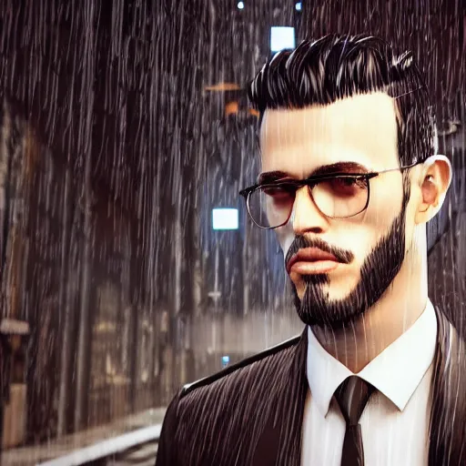 Image similar to stylish man cartoon portrait made out of rain, pinstripe suit, cyberpunk background, rendered in octane, unreal engine, highly detailed, trending on artstation, realistic, neon, beautiful, volumetric lighting, depth of field