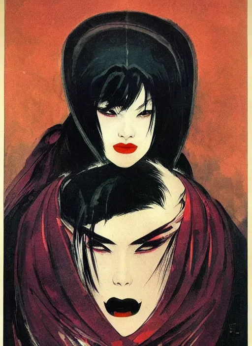 Image similar to portrait of mighty korean vampiress, jeweled veil, strong line, saturated color, beautiful! coherent! by frank frazetta, high contrast, minimalism