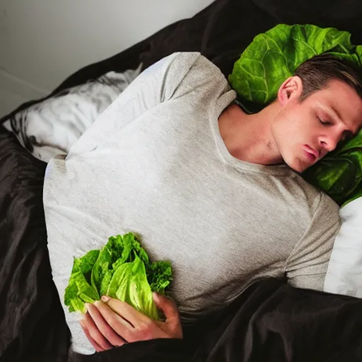 Prompt: skinny white man sleeping on a bed made of tofu, blanket made of lettuce, pillow made of cats, dramatic lighting,