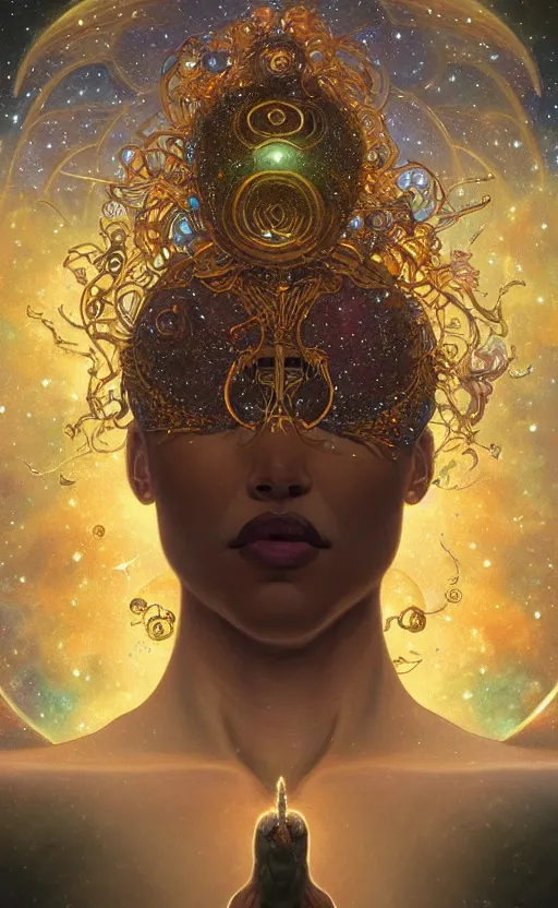 Image similar to a cosmic god, body made out of stars and galaxies and cosmic energy, levitating in the universe, intricate, headshot, highly detailed, digital painting, artstation, concept art, sharp focus, cinematic lighting, illustration, art by artgerm and greg rutkowski, alphonse mucha, cgsociety