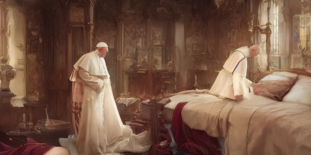 Image similar to photography of a pope making touching a sensual woman in a bedroom, deep focus, intricate, elegant, highly detailed, digital painting, artstation, concept art, matte, sharp focus, illustration, art by artgerm and greg rutkowski and alphonse mucha