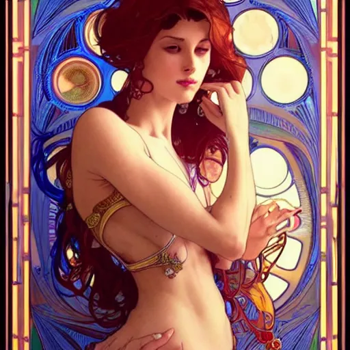 Prompt: beautiful woman with drug pills in her hands, intricate, elegant, highly detailed, artstation, concept art, smooth, sharp focus, illustration, art by artgerm and moebius and alphonse mucha