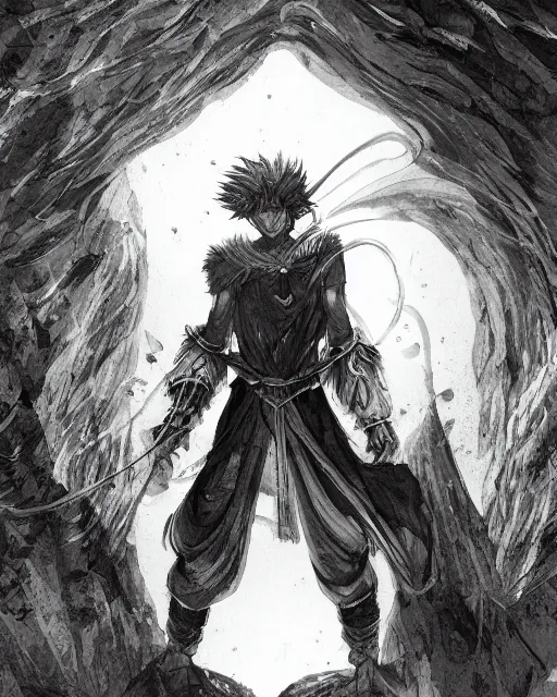 Image similar to An old man trapped in a cave, looking into a mirror, b&w, fantasy art, in the style of masami kurumada, illustration, epic, fantasy, intricate, hyper detailed, artstation, concept art, smooth, sharp focus, ray tracing